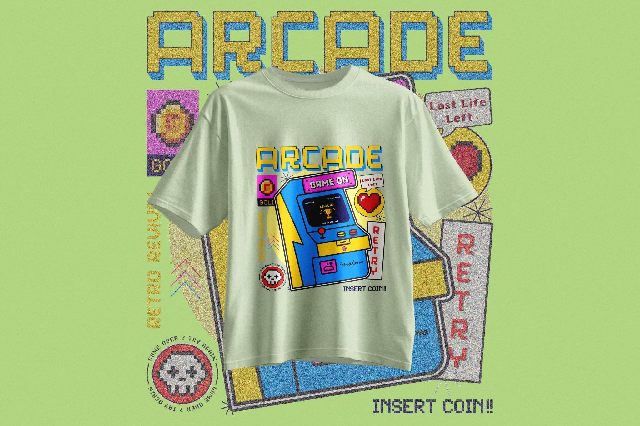 StreetKarrma – “Retro Arcade Club” Tee - Cotton Sinker Oversize Tshirt (Multicolor) - StreetKarrma