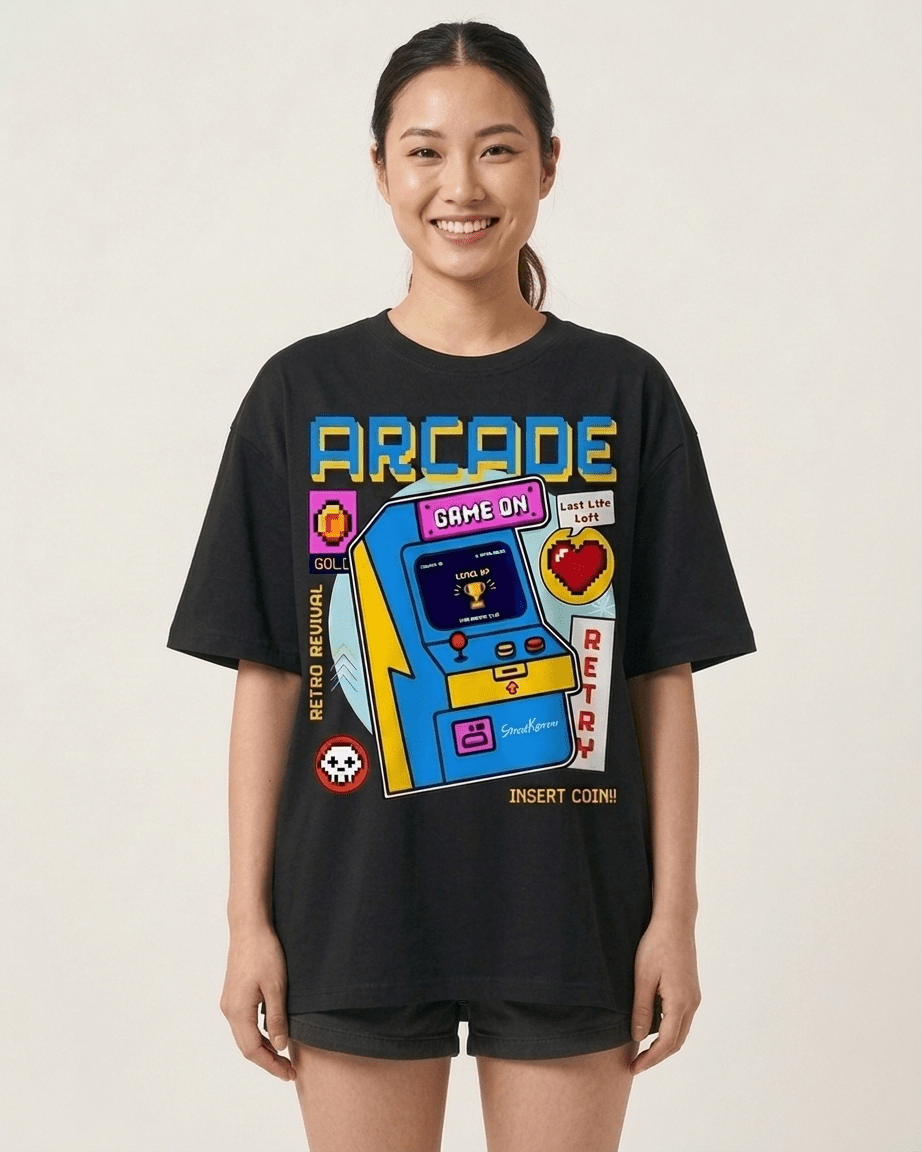 StreetKarrma – “Retro Arcade Club” Tee - Cotton Sinker Oversize Tshirt (Multicolor) - StreetKarrma