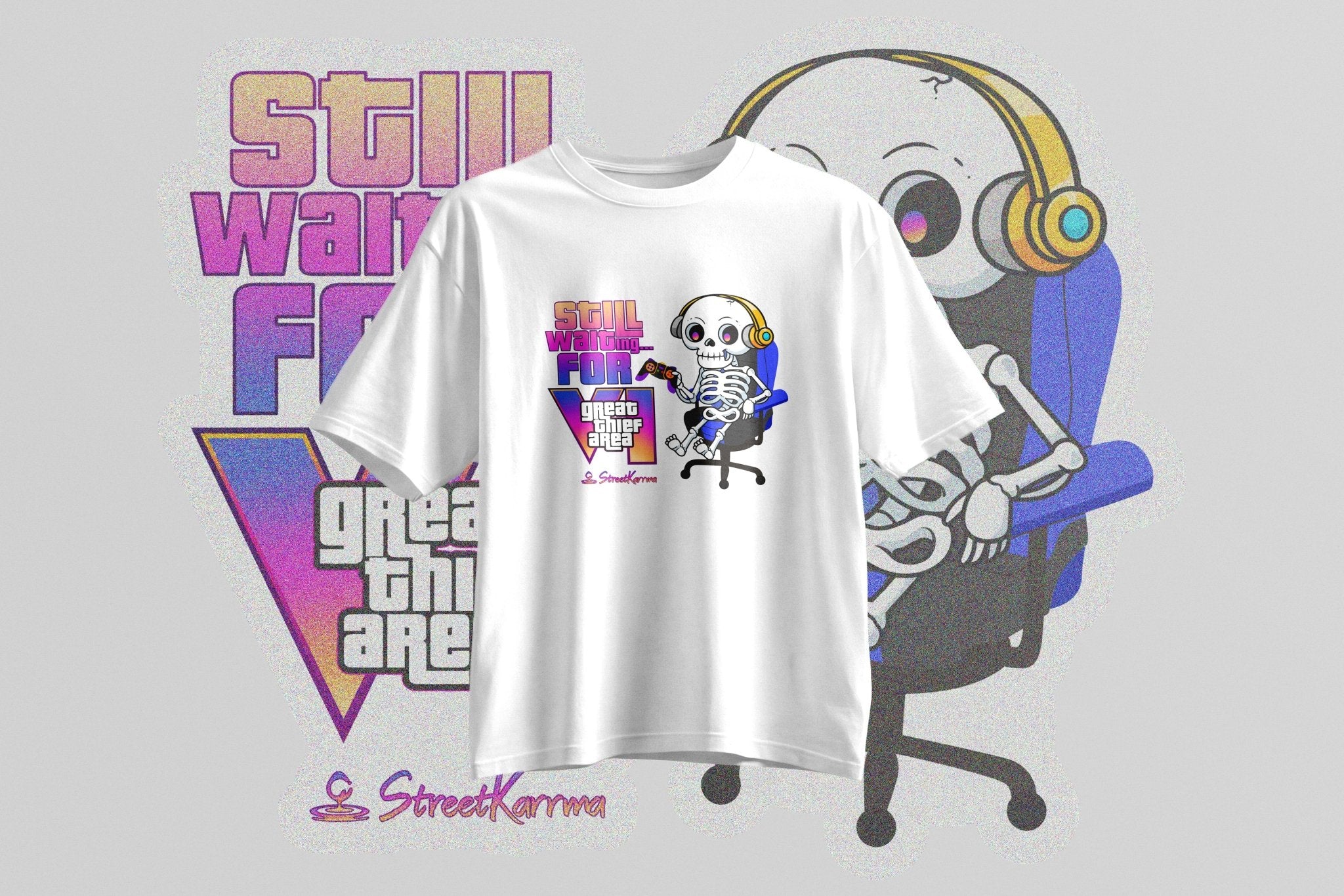 StreetKarrma “Still Waiting…” Gamer Tee – For Those Waiting Forever 👀 - Cotton Sinker Oversize Tshirt (Multicolor) - StreetKarrma