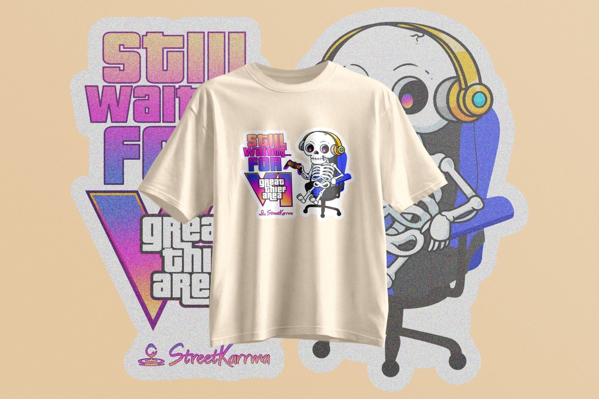 StreetKarrma “Still Waiting…” Gamer Tee – For Those Waiting Forever 👀 - Cotton Sinker Oversize Tshirt (Multicolor) - StreetKarrma