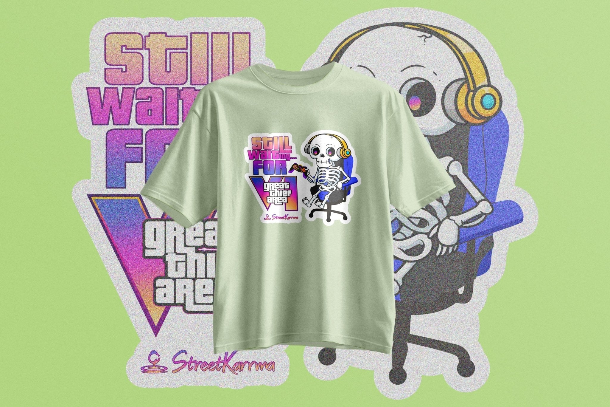 StreetKarrma “Still Waiting…” Gamer Tee – For Those Waiting Forever 👀 - Cotton Sinker Oversize Tshirt (Multicolor) - StreetKarrma