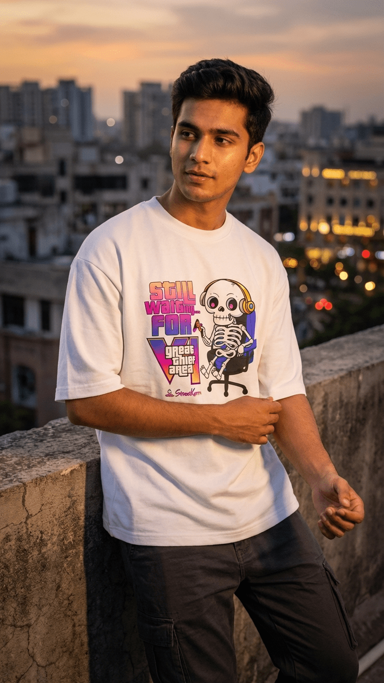 StreetKarrma “Still Waiting…” Gamer Tee – For Those Waiting Forever 👀 - Cotton Sinker Oversize Tshirt (Multicolor) - StreetKarrma
