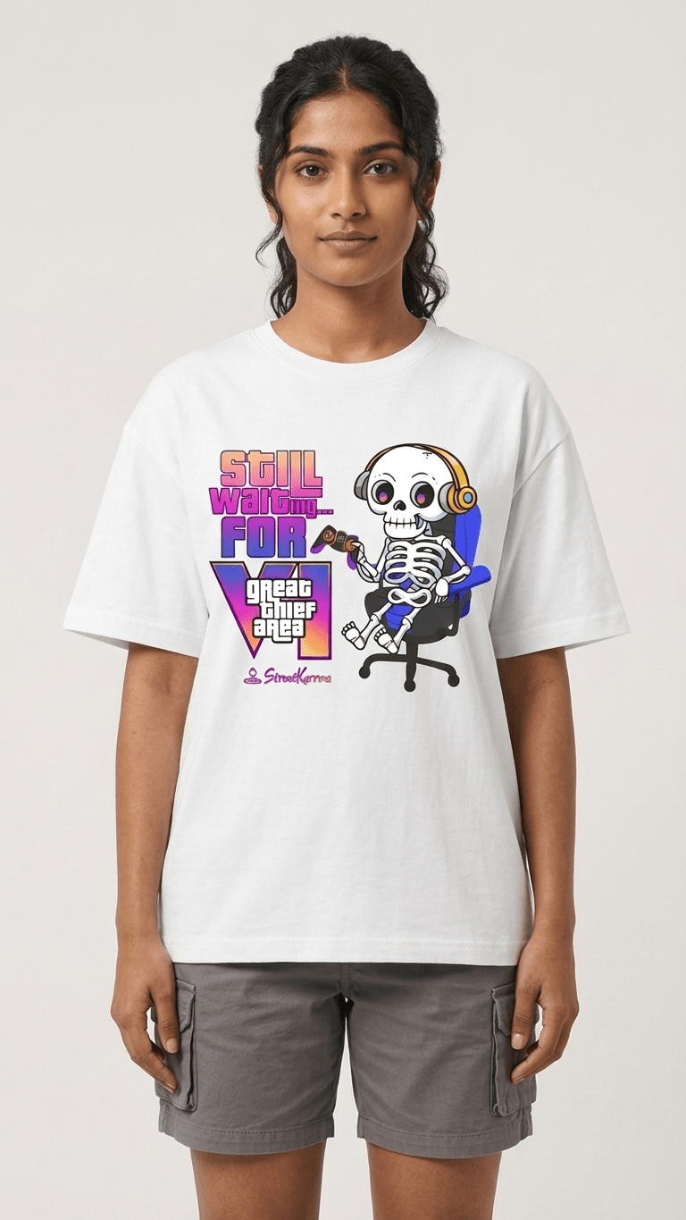 StreetKarrma “Still Waiting…” Gamer Tee – For Those Waiting Forever 👀 - Cotton Sinker Oversize Tshirt (Multicolor) - StreetKarrma